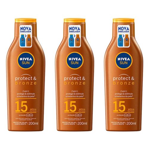 Kit com 3 Unidades de Nivea Sun Protetor Solar Protect & Bronze FPS15 200ml