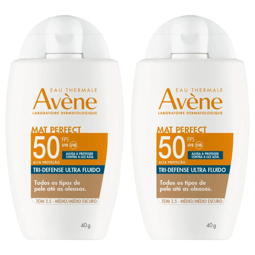 Kit com 2 Unidades de Protetor Solar Facial Avène Mat Perfect Tri-Defense Ultra Fluido FPS50 Tom 2.5 Médio 40g