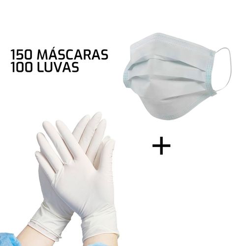 Kit 150 Máscaras Descartáveis TNT + 100 Luvas Nitrilo Branco Sanfonada P Branco