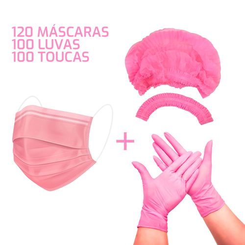 Kit 120 Máscaras Descartáveis + Luva Nitrilo + Touca TNT Rosa M