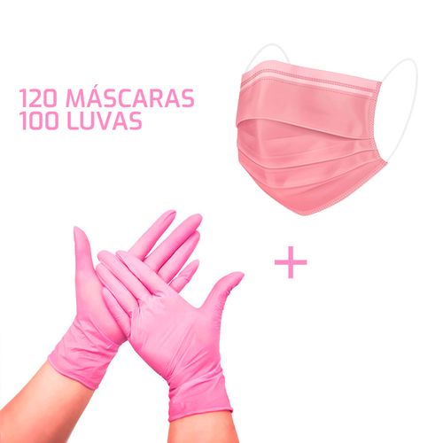 Kit 120 Máscaras Descartáveis TNT + 100 Luvas Nitrilo Rosa P