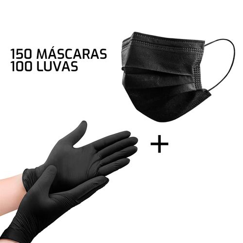 Kit 150 Máscaras Descartáveis TNT + 100 Luvas Nitrilo Preto G
