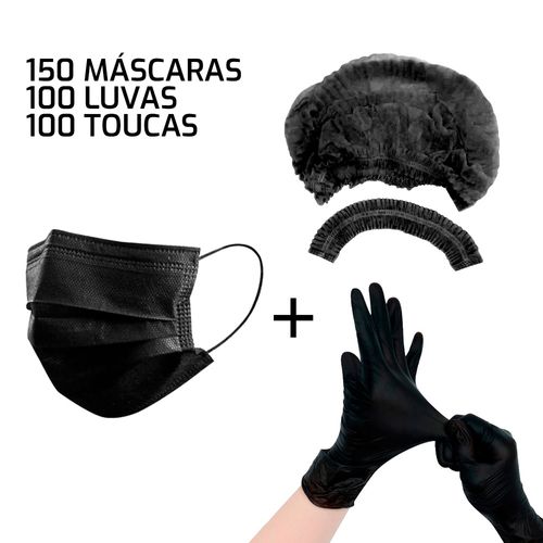 Kit 150 Máscaras Descartáveis + Luva Nitrilo + Touca TNT Preto G