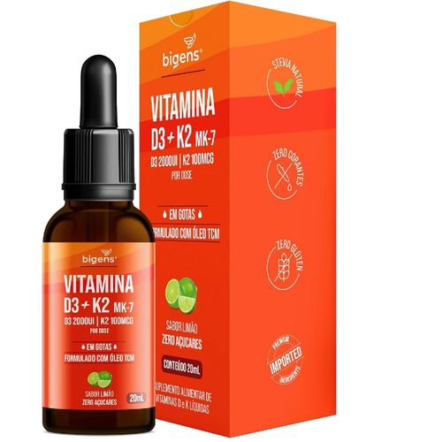 VITAMINA D3 2000UI + K2 Mk-7 100MCG GOTAS SUBLINGUAL SABOR LIMÃO 20ML BIGENS