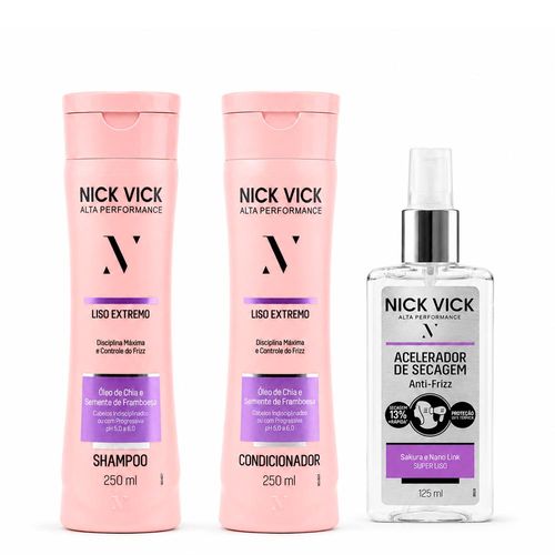 Kit Liso Extremo NICK VICK Alta Performance (Shampoo, Cond. e Fluido Acelerador de Secagem) Kit Liso Extremo NICK VICK  Intense  (Shampoo, Cond, Fluido)