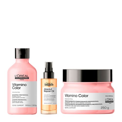 Kit L'Oréal Professionnel Shampoo Serie Expert Vitamino Color 300ml + Máscara para Cuidado Da Cor 250g + Óleo Capilar Absolut Repair 90ml Kit