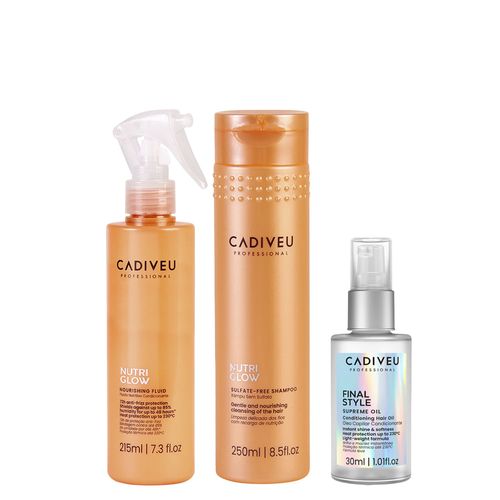 Kit Cadiveu Nutri Glow Shampoo 250ml + Fluído 215ml + Óleo Capilar Final Style Multibenefícios 30ml Kit Kit Cadiveu Nutri Glow Shampoo 250ml + Fluído 215ml + Óleo Capilar Final Style Multibenefícios 30ml Kit
