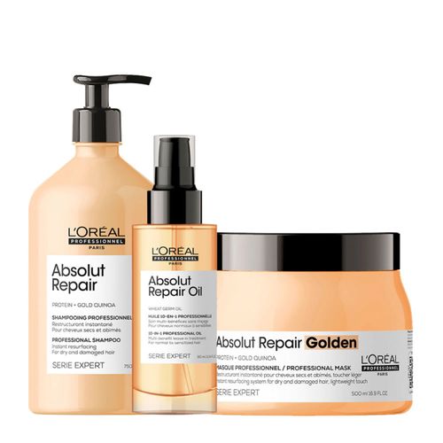 Kit L'Oréal Professionnel Serie Expert Absolut Repair Gold Quinoa - Shampoo 750ml + Máscara Golden 500g + Óleo 90ml Kit Kit L'Oréal Professionnel Serie Expert Absolut Repair Gold Quinoa - Shampoo 750ml + Máscara Golden 500g + Óleo 90ml Kit