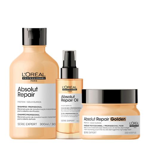 Kit L'Oréal Professionnel Serie Expert Absolut Repair Gold Quinoa - Shampoo 300ml + Máscara Reparação 250g + Óleo 90ml Kit