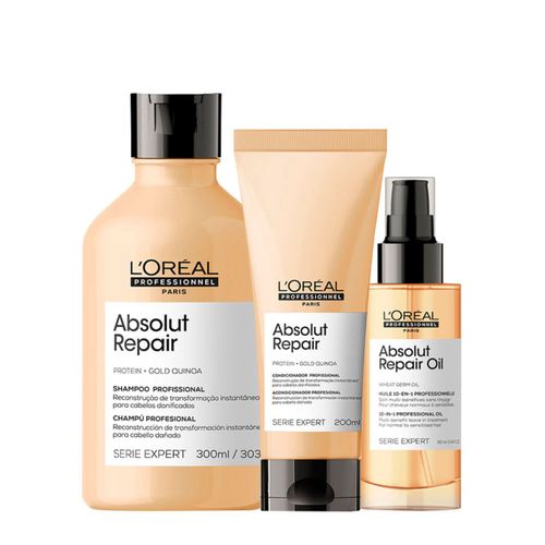 Kit L'Oréal Professionnel Serie Expert Absolut Repair Gold Quinoa - Shampoo 300ml + Condicionador 200ml + Óleo 90ml Kit Kit L'Oréal Professionnel Serie Expert Absolut Repair Gold Quinoa - Shampoo 300ml + Condicionador 200ml + Óleo 90ml Kit