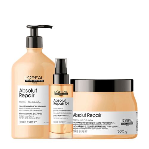 Kit L'Oréal Professionnel Serie Expert Absolut Repair Gold Quinoa - Shampoo 750ml + Máscara Reparação 500g + Óleo 90ml Kit Kit L'Oréal Professionnel Serie Expert Absolut Repair Gold Quinoa - Shampoo 750ml + Máscara Reparação 500g + Óleo 90ml Kit