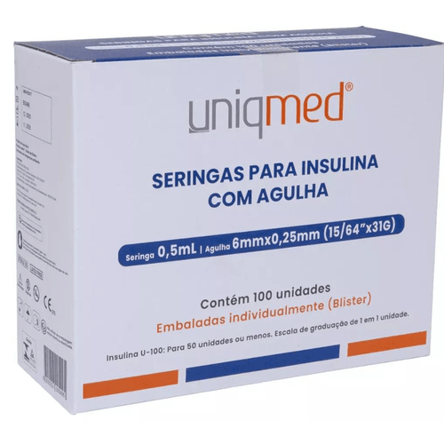 0,5ML 6MM X 31G  SERINGAS PARA INSULINA UNIQMED 100 UNIDADES