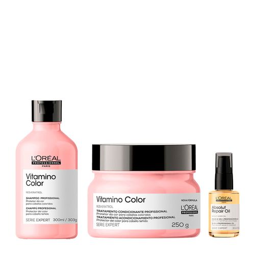Kit L'Oréal Professionnel Shampoo Serie Expert Vitamino Color 300ml + Máscara para Cuidado Da Cor 250g + Óleo Capilar Absolut Repair Gold Quinoa 30ml Kit