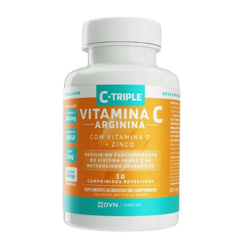 C-Triple + Arginina - Vit C 500mg + Zinco 5mg + Vit D 200UI + Arginina 500mg 30 comprimidos Vitamina C + D + Arginina + Zinco 30 comprimidos - C-Triple