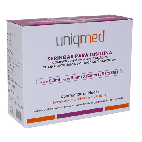 0,3ML 5MM X 32G  SERINGAS PARA INSULINA UNIQMED 100 UNIDADES