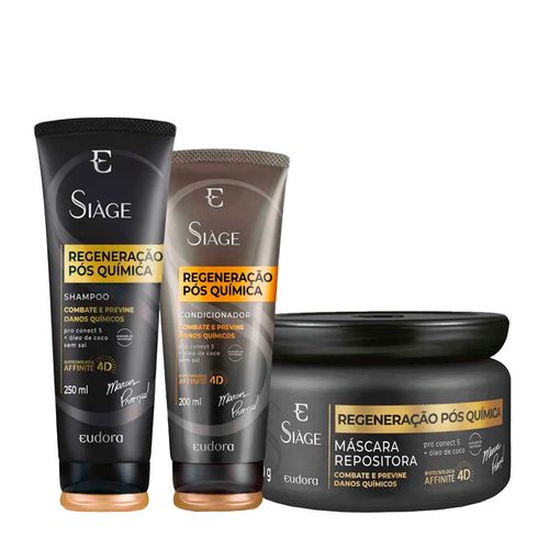 Kit Eudora Siàge Regeneração Pós Química 4D - Shampoo 250ml + Condicionador 200ml + Máscara Repositora 250g Kit