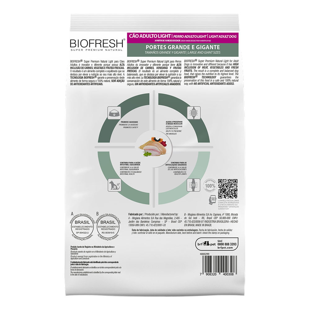 Ração Biofresh Cães Light Raças Grandes e Gigantes 15kg