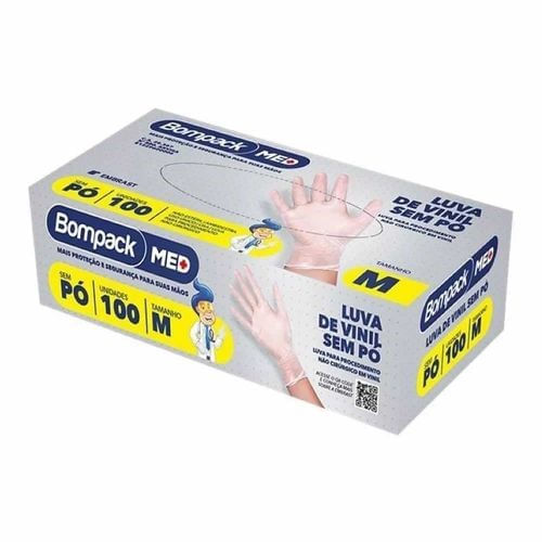 Luva De Vinil Bompack Sem Pó Tamanho M 100 Unidades