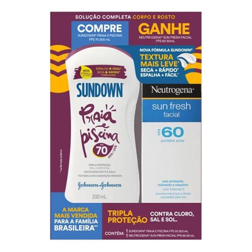 Kit Protetor Solar Sundown Praia e Piscina FPS70 200ml + Protetor Solar Facial Neutrogena Sun Fresh FPS60 50ml Kit Protetor Solar Sundown Praia e Piscina FPS70 200ml + Protetor Solar Facial Neutrogena Sun Fresh FPS60 50ml