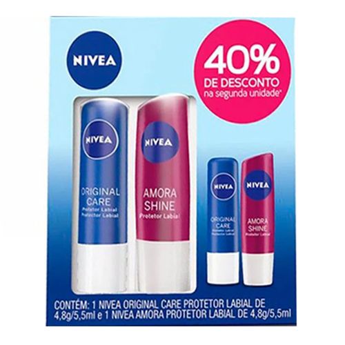 Kit Nivea Protetor Labial Original Care 4,8g + Amora Shine 4,8 Kit Nivea Protetor Labial Original Care 4,8g + Amora Shine 4,8
