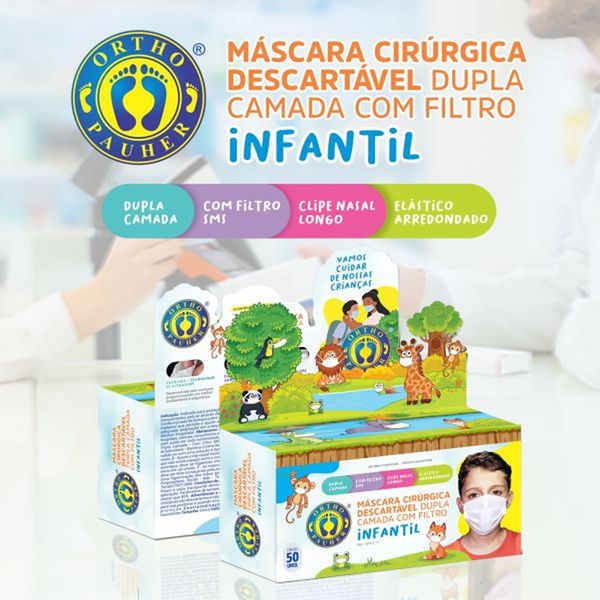 Máscara Descartável Infantil Ortho Pauher Dupla Camada Com Filtro Sms Azul 50 Unidades