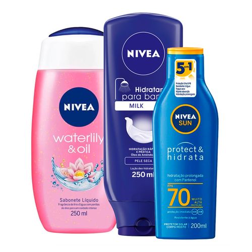 935128492---Kit-Nivea-Sabonete-Liquido-Water-Lily-e-Oil-250ml---Hidratante-Para-Banho-Body-Milk-250ml---Protetor-Solar-Sun-Protect-e-Hidrata-FPS70-200ml