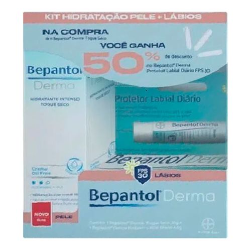 Kit-Bepantol-Derma-Hidratante-Intenso-Toque-Seco-30g---Protetor-Labial-45g Kit-Bepantol-Derma-Hidratante-Intenso-Toque-Seco-30g---Protetor-Labial-45g