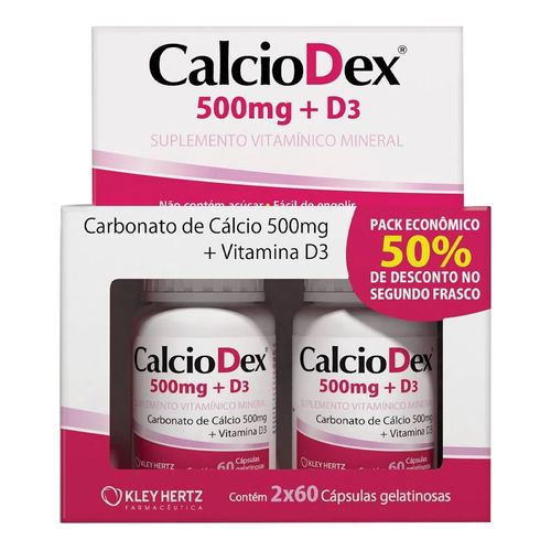 Kit Suplemento Vitamínico CalcioDex Cálcio 500mg + Vitamina D3 60 Cápsulas 2 Unidades Kit Suplemento Vitamínico CalcioDex Cálcio 500mg + Vitamina D3 60 Cápsulas 2 Unidades