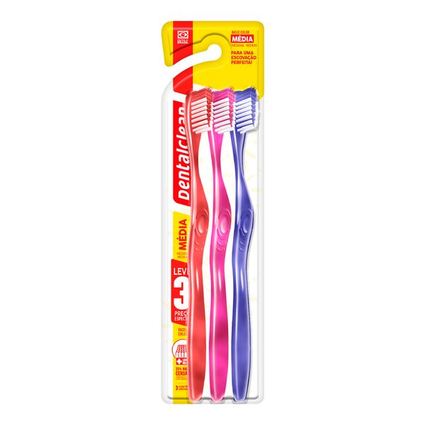 Kit Escova Dental Clean Média Básica 3 Unidades