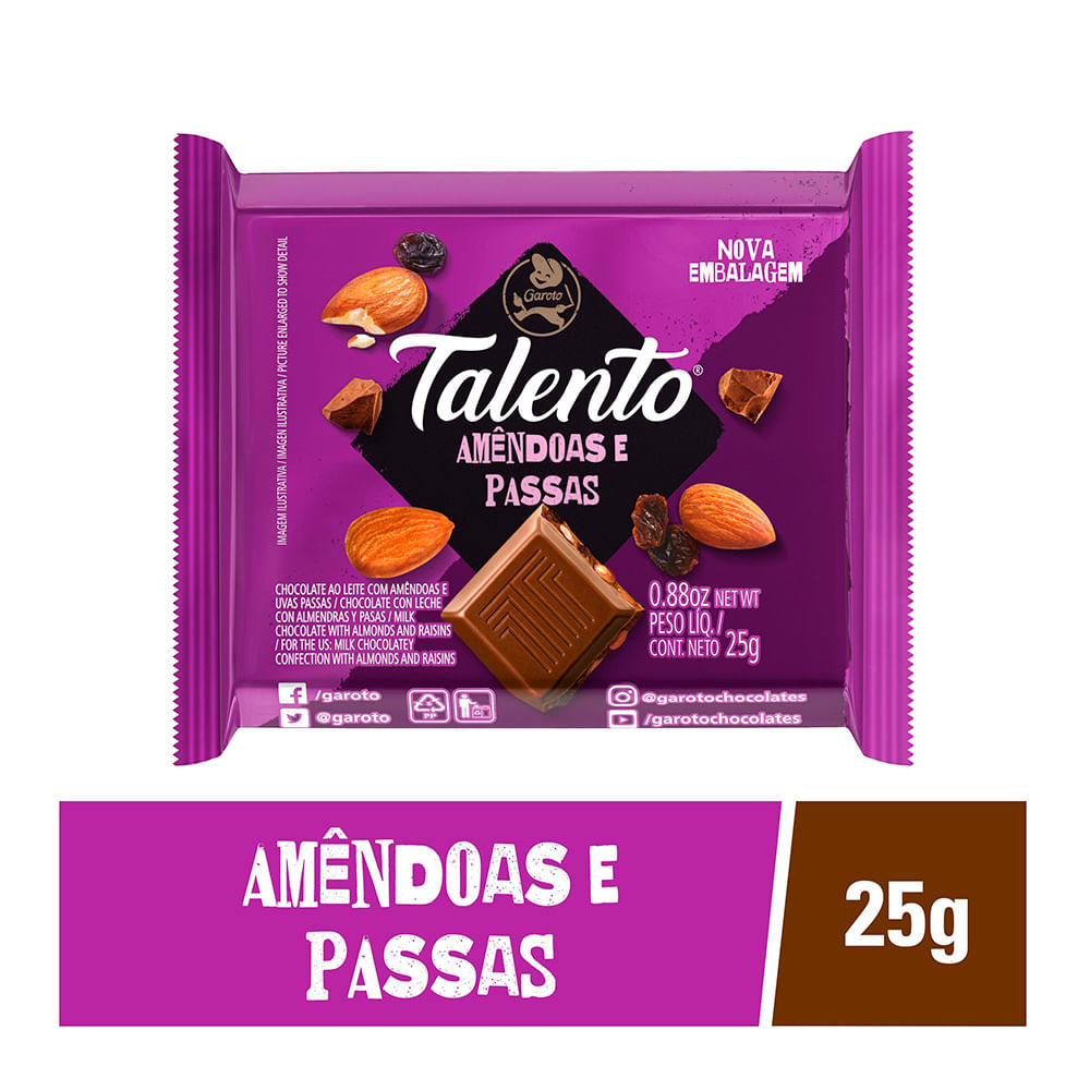 Chocolate Garoto Talento Ao Leite com Amêndoas e Passas 25g - Drogaria Sao  Paulo