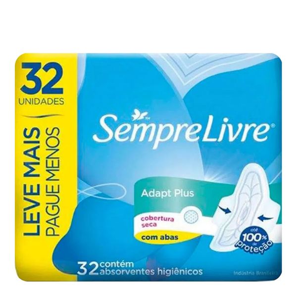 Absorvente Sempre Livre Adapt Plus Cobertura Seca Com Abas Absorvente Externo Sempre Livre Adapt Plus Noite e Dia Suave com Abas 32 Unidades