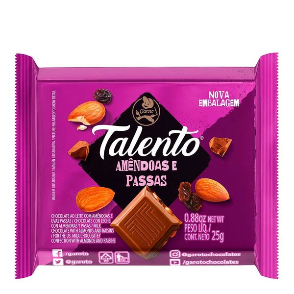 Chocolate Garoto Talento Ao Leite com Amêndoas e Passas 25g