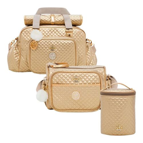Bolsa Maternidade Grande + Frasqueira + Porta Mamadeira Vienna Ouro - Lequiqui Bolsa Maternidade Grande + Frasqueira + Porta Mamadeira Vienna Ouro - Lequiqui