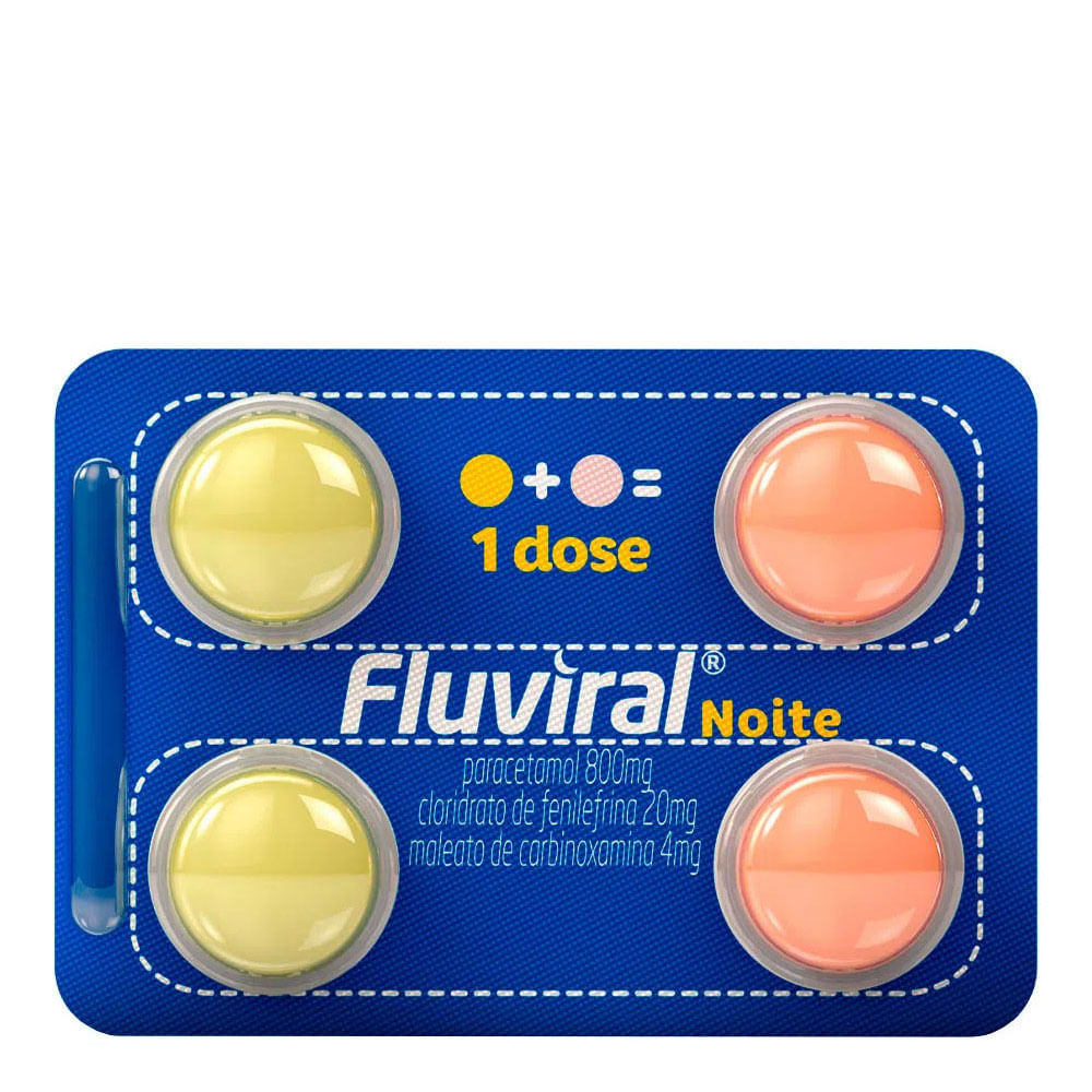 Antigripal, Analgésico, Antitérmico e Descongestionante Fluviral Noite 800mg + 20mg + 4mg 4 Comprimidos