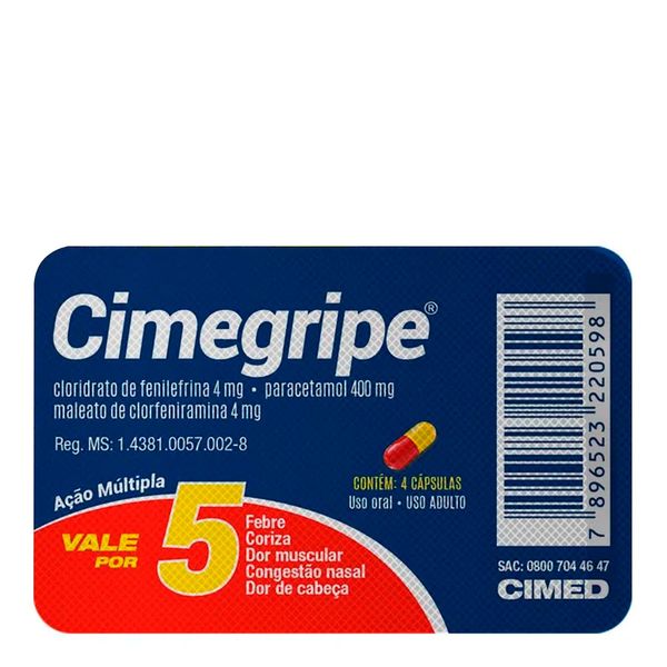 Analgésico, Antitérmico e Antigripal Cimegripe 400mg + 4mg + 4mg 4 Cápsulas