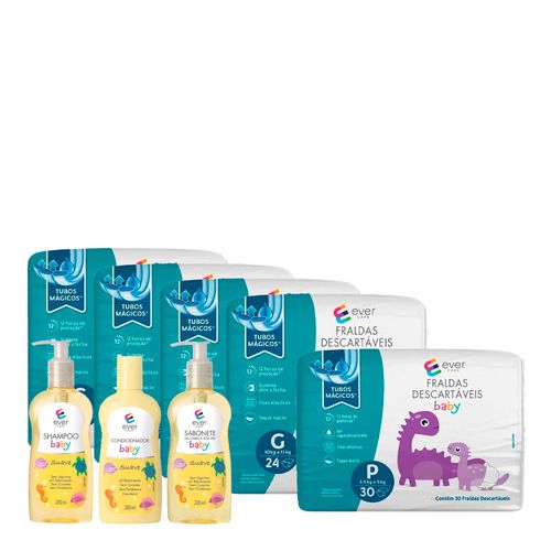 Kit-Ever-Care-Fralda-Descartavel-Baby-G-24-Unidades-4-Pacotes--Fralda-P-30-Unidades--Shampoo-Baby-Suave--Condicionador--Sabonete-Liquido