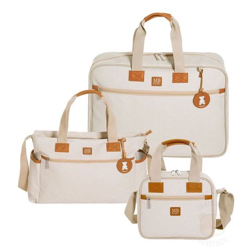 Mala Maternidade + Bolsa Sacola + Frasqueira Térmica Quadriculado Marfim - MB Baby Mala Maternidade + Bolsa Sacola + Frasqueira Térmica Quadriculado Marfim - MB Baby