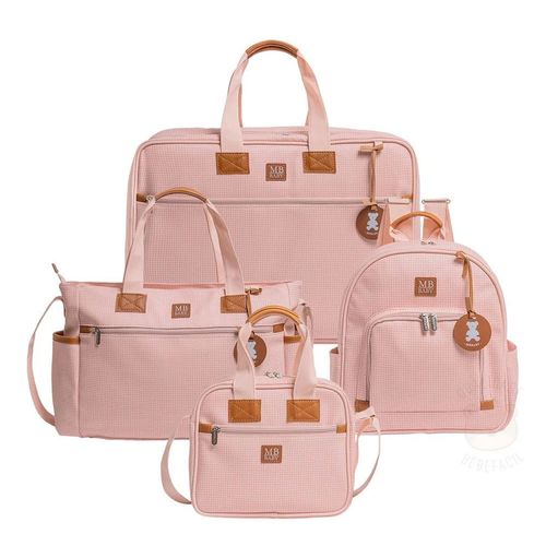 Mala Maternidade + Bolsa Sacola + Mochila + Frasqueira Térmica Quadriculado Rosa - MB Baby Mala Maternidade + Bolsa Sacola + Mochila + Frasqueira Térmica Quadriculado Rosa - MB Baby