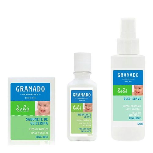 Kit com 1 sabonete + 1 Loção Hidratante + 1 Óleo Suave para bebê Erva-doce - Granado Kit com 1 sabonete + 1 Loção Hidratante + 1 Óleo Suave para bebê Erva-doce - Granado