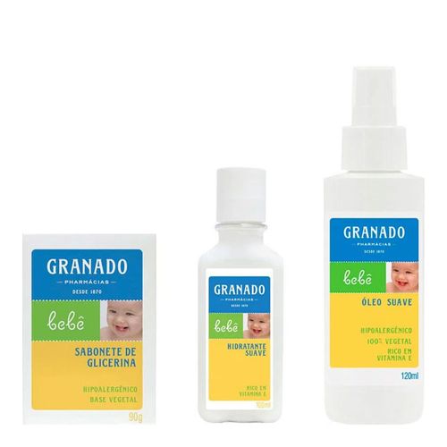 Kit com 1 sabonete + 1 Loção Hidratante + 1 Óleo Suave para bebê Tradicional - Granado Kit com 1 sabonete + 1 Loção Hidratante + 1 Óleo Suave para bebê Tradicional - Granado