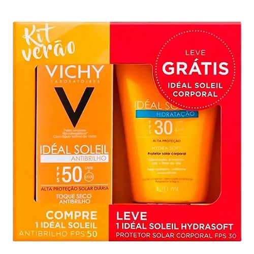 Kit Protetor Solar Facial Vichy Ideal Soleil Antibrilho FPS50 40g + Protetor Solar Corporal Hydra Soft FPS30 120ml Kit Protetor Solar Facial Vichy Ideal Soleil Antibrilho FPS50 40g + Protetor Solar Corporal Hydra Soft FPS30 120ml