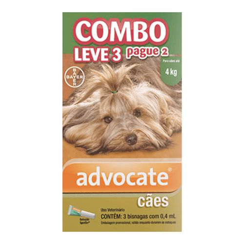 ADVOCATE CAES COMBO- para Cães até 4kg -3 pipetas com 0,4ml cada ADVOCATE CAES COMBO- para Cães até 4kg -3 pipetas com 0,4ml cada