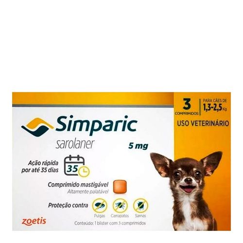 simparic antipulgas para Cães de 1,3 a 2,6Kg - 5mg - 3 comprimidos simparic antipulgas para Cães de 1,3 a 2,6Kg - 5mg - 3 comprimidos