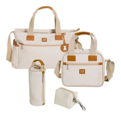 Bolsa Sacola + Frasqueira Térmica + Porta Mamadeira + Porta Chupeta Quadriculado Marfim - MB Baby Bolsa Sacola + Frasqueira Térmica + Porta Mamadeira + Porta Chupeta Quadriculado Marfim - MB Baby