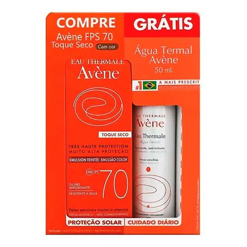 Protetor Solar Avène Emulsion Toque Seco FPS 70 Com Cor + Água Termal Protetor Solar Avène Emulsion Toque Seco FPS 70 Com Cor + Água Termal