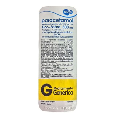 Paracetamol 500mg Genérico EMS 4 Comprimidos Paracetamol 500mg Genérico EMS 4 Comprimidos