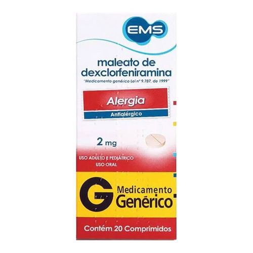 Maleato Dexclorfeniramina 2mg Genérico EMS 20 Comprimidos Maleato Dexclorfeniramina 2mg Genérico EMS 20 Comprimidos