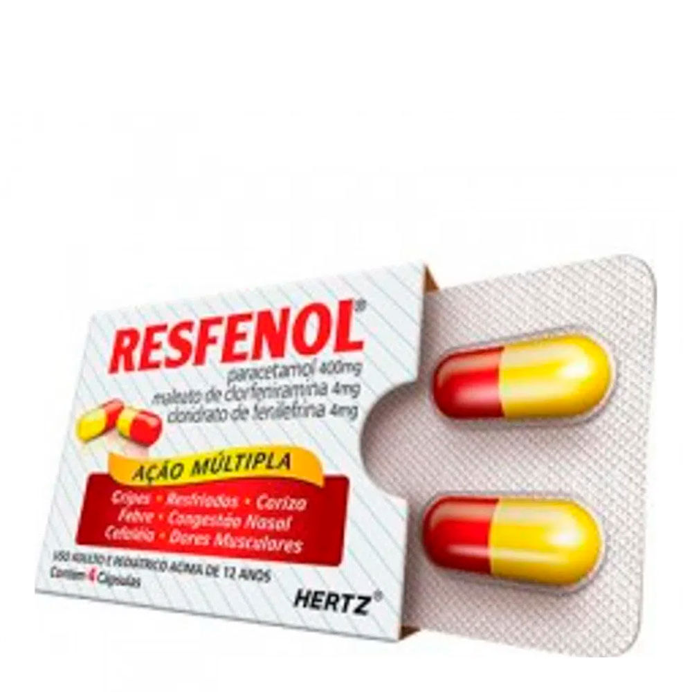 Antigripal, Analgésico, Antitérmico e Descongestionante  Resfenol 400mg + 4mg + 4mg 4 Cápsulas