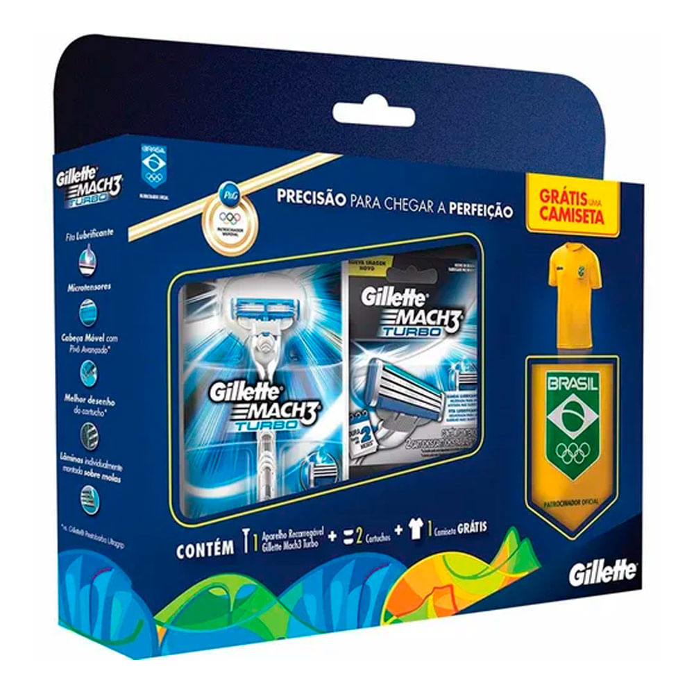 Kit Aparelho Gillette Mach3 Turbo Com 2 Cargas + Camisa Grátis