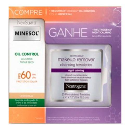 Kit Protetor Solar Neostrata Minesol Oil Control Tinted FPS60 40g + Lenço Demaquilante Neutrogena Night Calming 25 Unidades Kit Protetor Solar Neostrata Minesol Oil Control Tinted FPS60 40g + Lenço Demaquilante Neutrogena Night Calming 25 Unidades